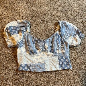 Hollister Blue and White Puff Sleeve Crop Blouse